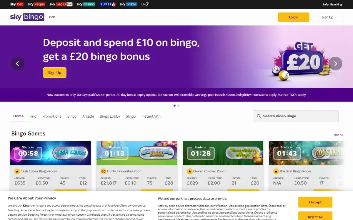 skybingo.com homepage: a black bar of Sky brand logos above the sky bingo logo, a Help link and a Log In button, a menu from Home to Instant Win beside a search box, and a Bingo Games row of four rooms with countdowns to their next game.