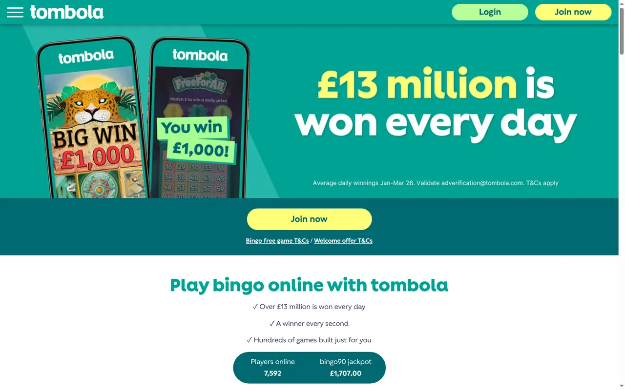 tombola.co.uk homepage: a teal bar with the tombola logo and a Login button.